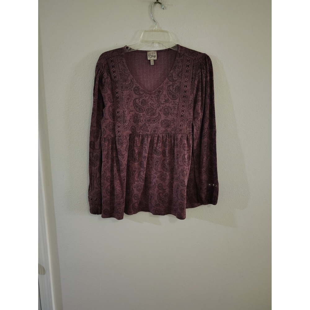 Como Vintage Womens Purple Paisley Ribbed Knit Crochet Trim Peplum Top Medium
